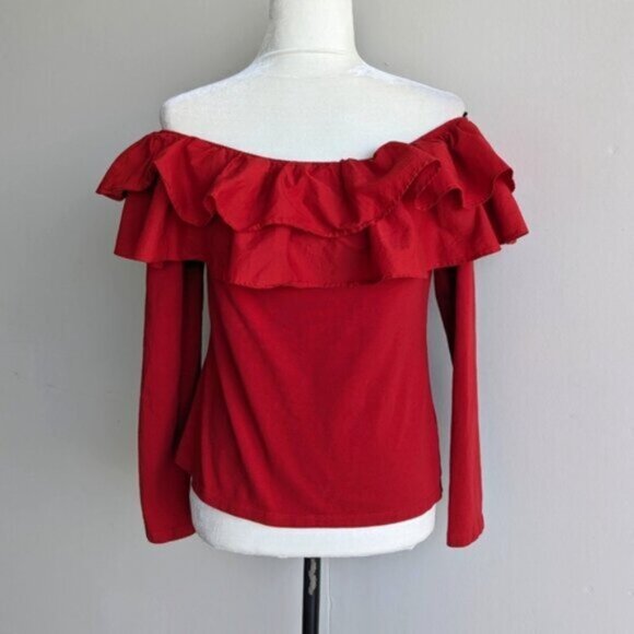 Red off the shoulder ruffle trim long sleeve blouse - Picture 2 of 4